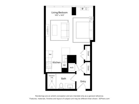 Floor plan for studio, 1 bath, 574 sqft